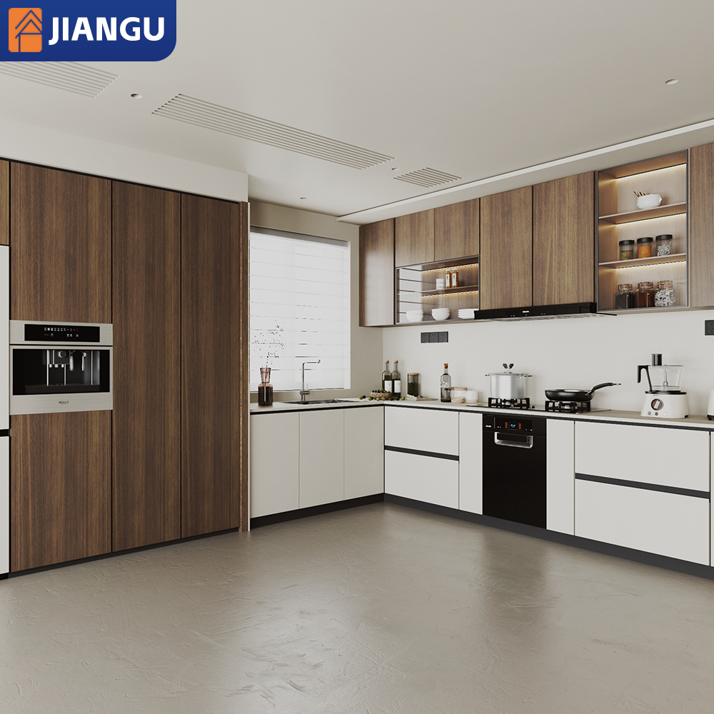 Luxury Villa Wooden Kitchen Furniture Cupboards Waterproof Modern Kitchen Cabinet with Pantry and IslandSink Glossy