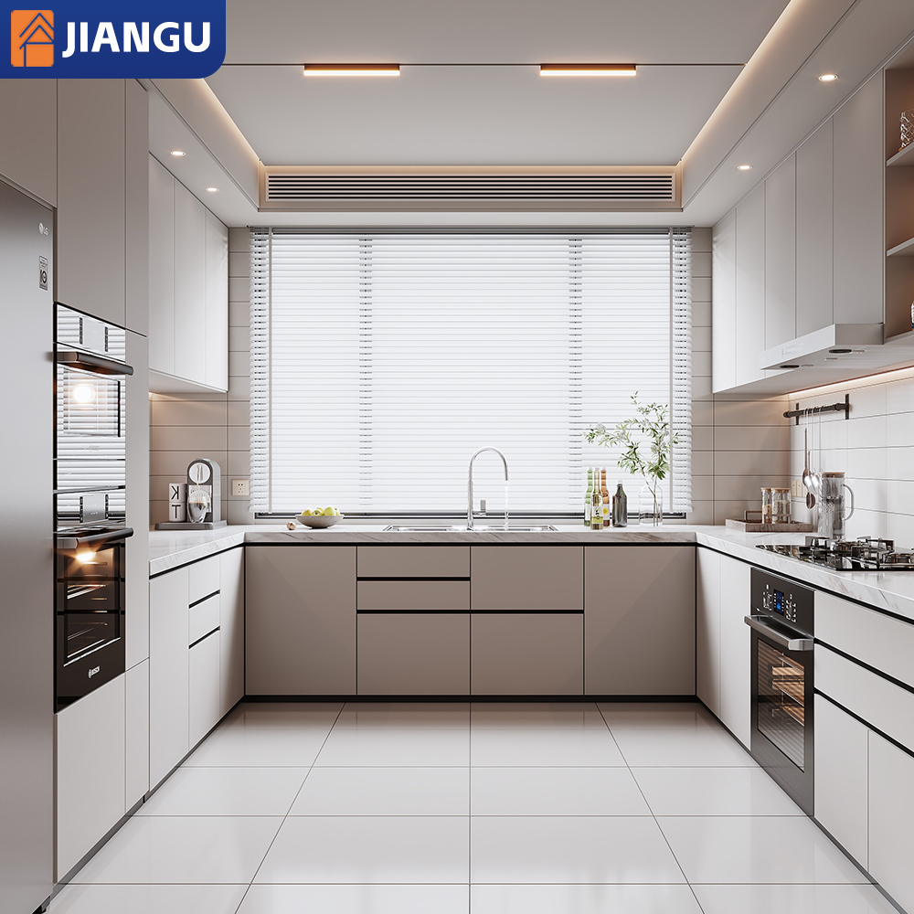 JIANGU Modern Style Design Kitchen Cabinet 100% Customized High Quality Kitchen Flat Wood Grain Cabinet for House