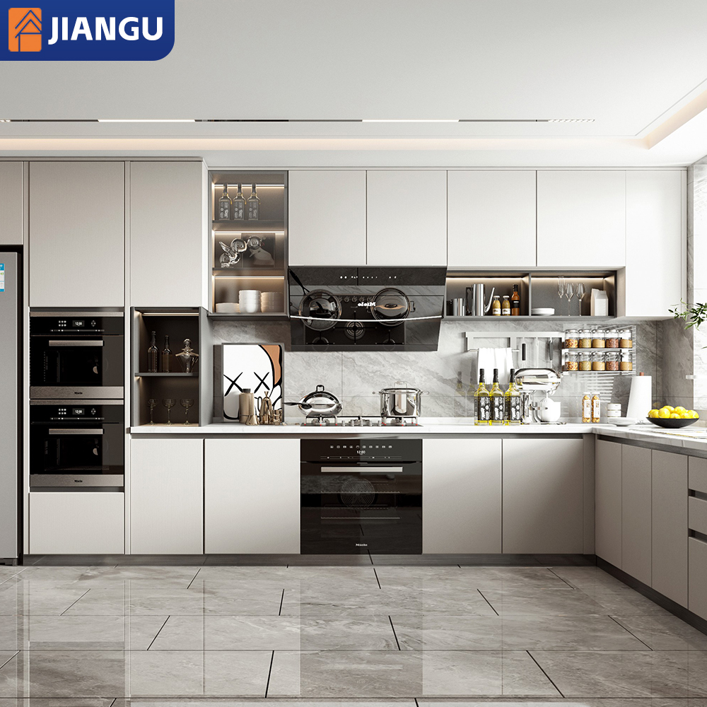 JIANGU Luxury Italian Design Cabinet Custom Color Melamine Door Handleless Cabinet Modern Customized Lacquer Kitchen Cabinets