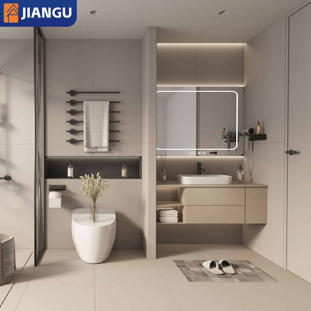 New Style Modern Wooden Panel Bath Cabinet Wholesale Waterproof Single & Double Bathroom Vanities with LED Mirror Sink