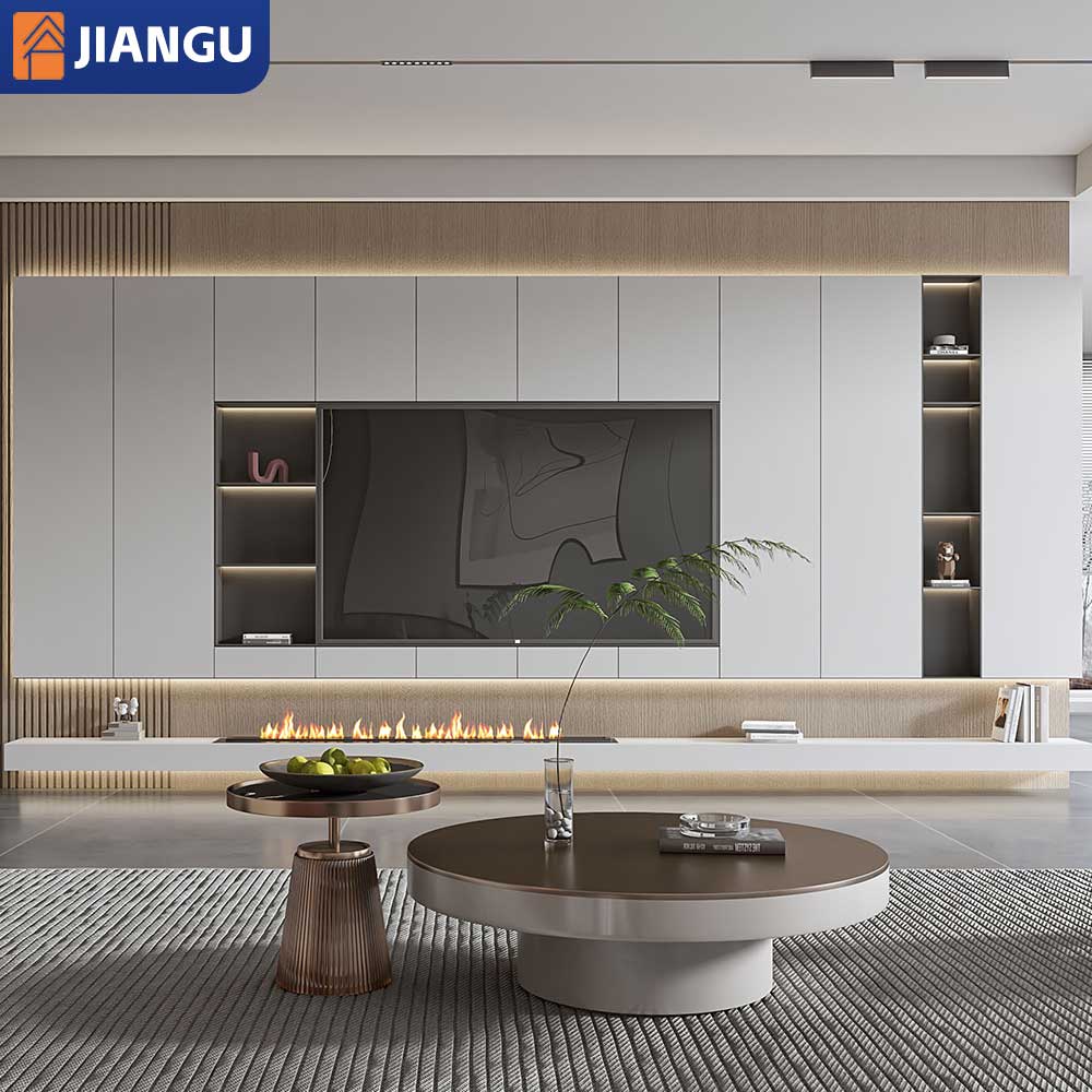 Modern White Wooden TV Stand Contemporary Living Room TV Cabinet with Wall Units Background