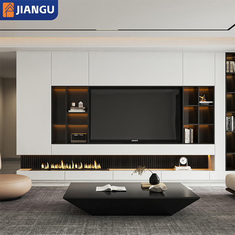 Modern White TV Stand and Wall Unit Cabinet Wood Panel Background for Living Room Bedroom Apartment Home Furniture