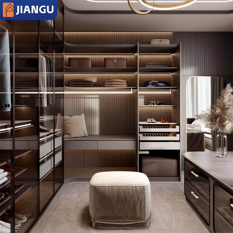 JIANGU Modern Luxury Wooden Walk-in Wardrobe Complete Set Eco-Friendly Adjustable Design Large Capacity Storage for Bedroom