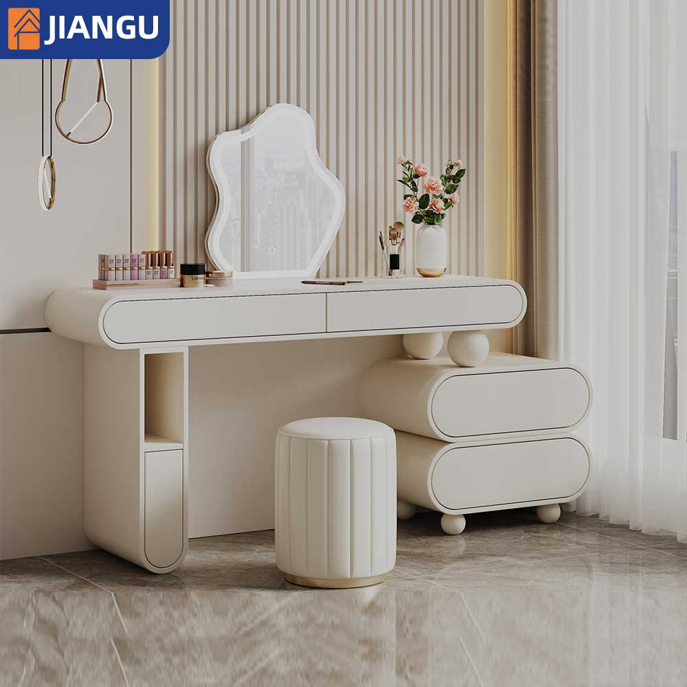 Minimalist Design Light Mirror Makeup Ample Cabinet Chest Drawers Apartment Sized Dressing Table with Chair